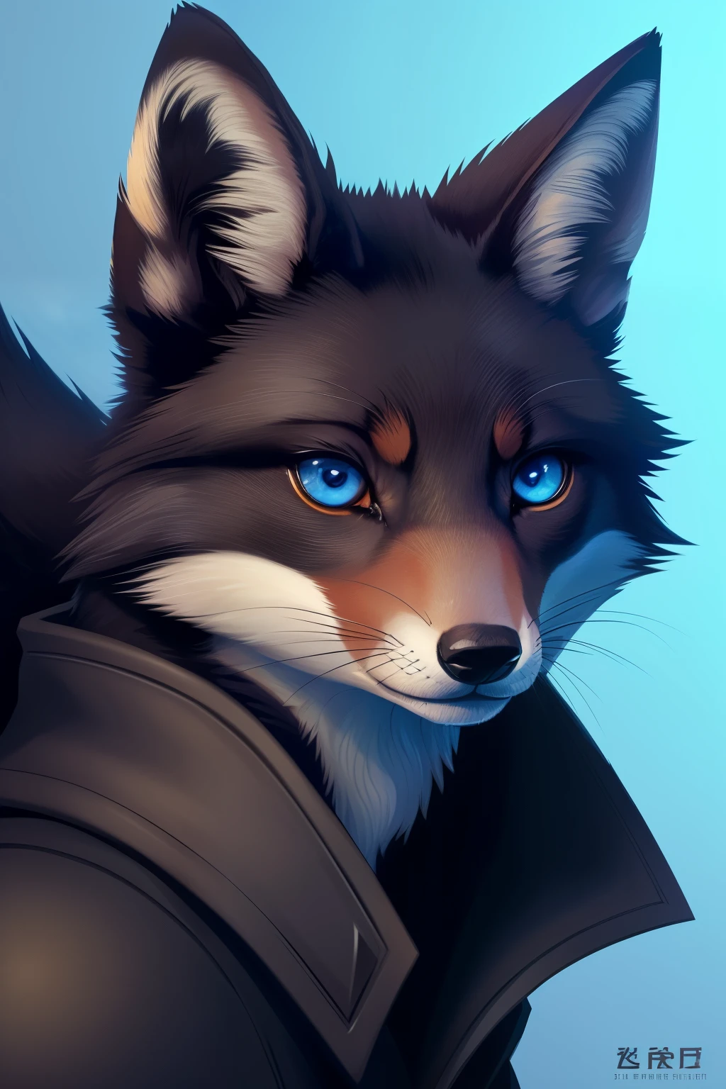 (high-quality, breathtaking),(expressive eyes, perfect face) 1girl, female, solo, furry, black fur, black kitsune, black fox, portrait, Symmetrical Eyes, headshot, animal ear fluff, fox tail, headshot, blue eyes, Pathfinder Character, TTRPG Pathfinder, detailed eyes, fox eyes,
