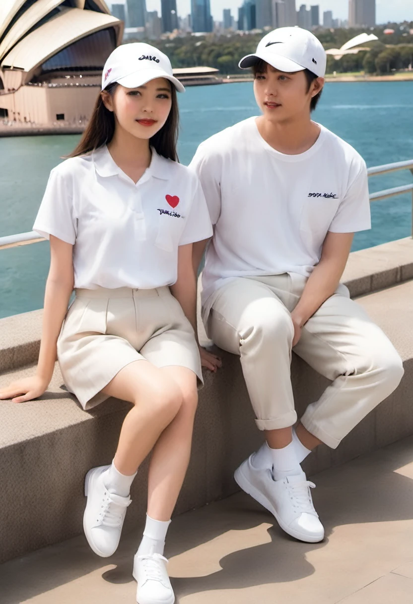 ASIAN couple, 22 year old man with short hair, white Levis trousers, Snapback hat, wearing white Nike shoes. plain white short t-shirt. 20 year old beautiful Asian woman. Long straight black hair, neat, wearing a plain white t-shirt, baseball cap, wearing dark blue Levis trousers. the two of them walked hand in hand, very romantic, full of smiles. both t-shirts say (I love 💜)background
Sydney Opera House, in the morning
HD resolution, hyperrealistic, real., photo, cinematic, fashion