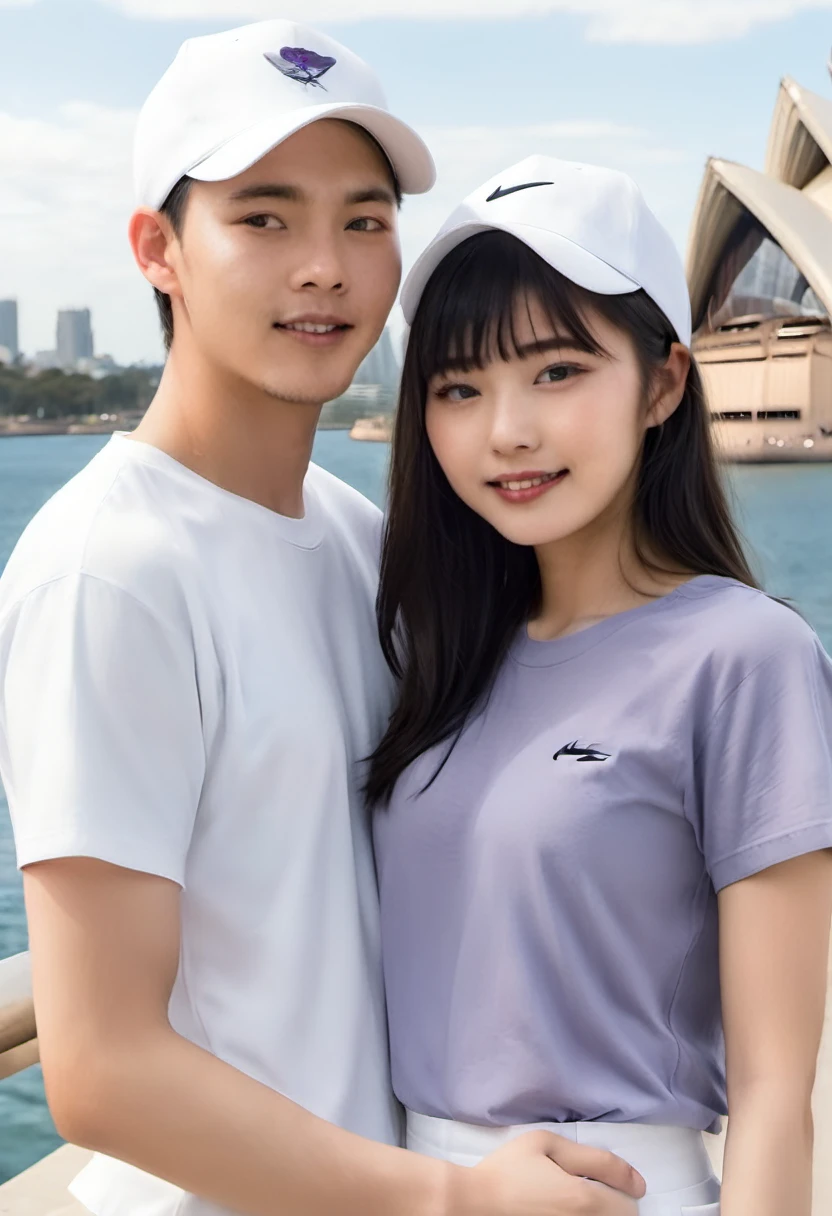 ASIAN couple, 22 year old man with short hair, white Levis trousers, Snapback hat, wearing white Nike shoes. plain white short t-shirt. 20 year old beautiful Asian woman. Long straight black hair, neat, wearing a plain white t-shirt, baseball cap, wearing dark blue Levis trousers. the two of them walked hand in hand, very romantic, full of smiles. both t-shirts say (I love 💜)background
Sydney Opera House, in the morning
HD resolution, hyperrealistic, real., photo, cinematic, fashion