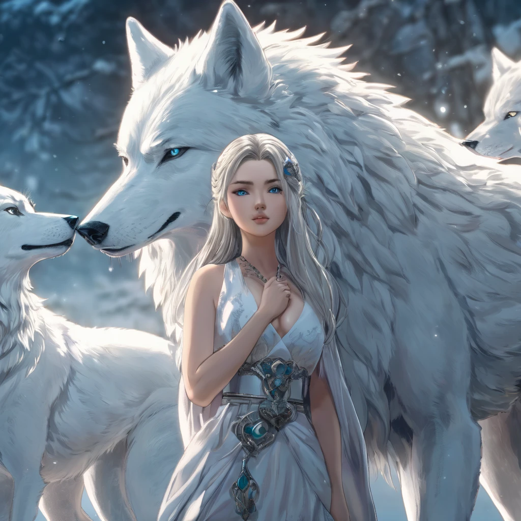 girl posing. Alongside a ferocious giant white wolf. Seductive style. Cute, incredibly feminine. Beautiful. Anime girl. Natural female anatomy, very feminine pose. Beautiful traits. On the magic side. Hyper-detailed. High definition. Anime style. HDR. 8k.