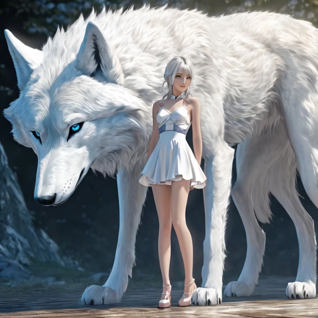 girl posing. Alongside a ferocious giant white wolf. Seductive style. Cute, incredibly feminine. Beautiful. Anime girl. Natural female anatomy, very feminine pose. Beautiful traits. On the magic side. Hyper-detailed. High definition. Anime style. HDR. 8k.