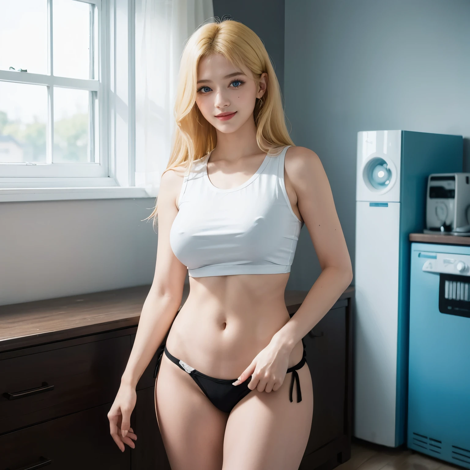 1girl, (Blue Eyes), (smiling :1.2), (Sana Minatozaki), (beautiful makeup :1.2), wide hips, Big tits, big ass, (Best Quality, 8k, Masterpiece: 1.3), Clear Focus: 1.2, Perfect Body Beauty: 1.4, strong abs, Highly detailed face and skin texture, detailed eyes, double eyelids, (blond long hair :1.2), (white t-shirt sleeveless :1.2), (black thong :1.3), standing, dynamic pose, in a living room, windows in the background