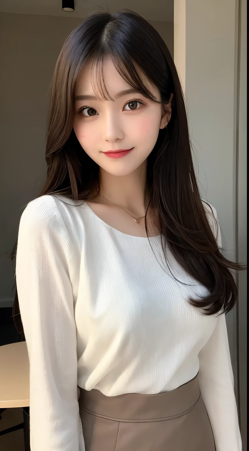 table top, highest quality, shape, Super detailed, finely, High resolution, 8k wallpaper, 完璧なダイナミックな構shape, beautiful and detailed eyes, Nice spring clothes,beautiful straight hair,small breasts,natural color lip, 20 year old girl、cute、sexy shot looking at camera,Always blur the background,perfect and beautiful face,Beautiful and dense face、slim face and style,Big eyes、Do gal makeup,real photos(best image quality)、sexy face、Fashion magazine model pose、full body shot、smile、Trendy fashion models for spring 2024(long sleeve)、Smile、shirt blouse(black)、mini skirt