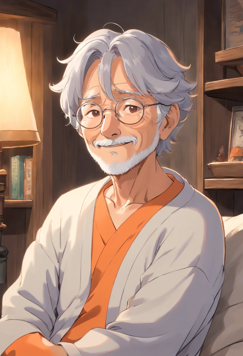 Anime, friendly old wrinkled man, with wavy gray hair, wearing light orange pajamas, wearing silver glasses, wise, and compassionate.