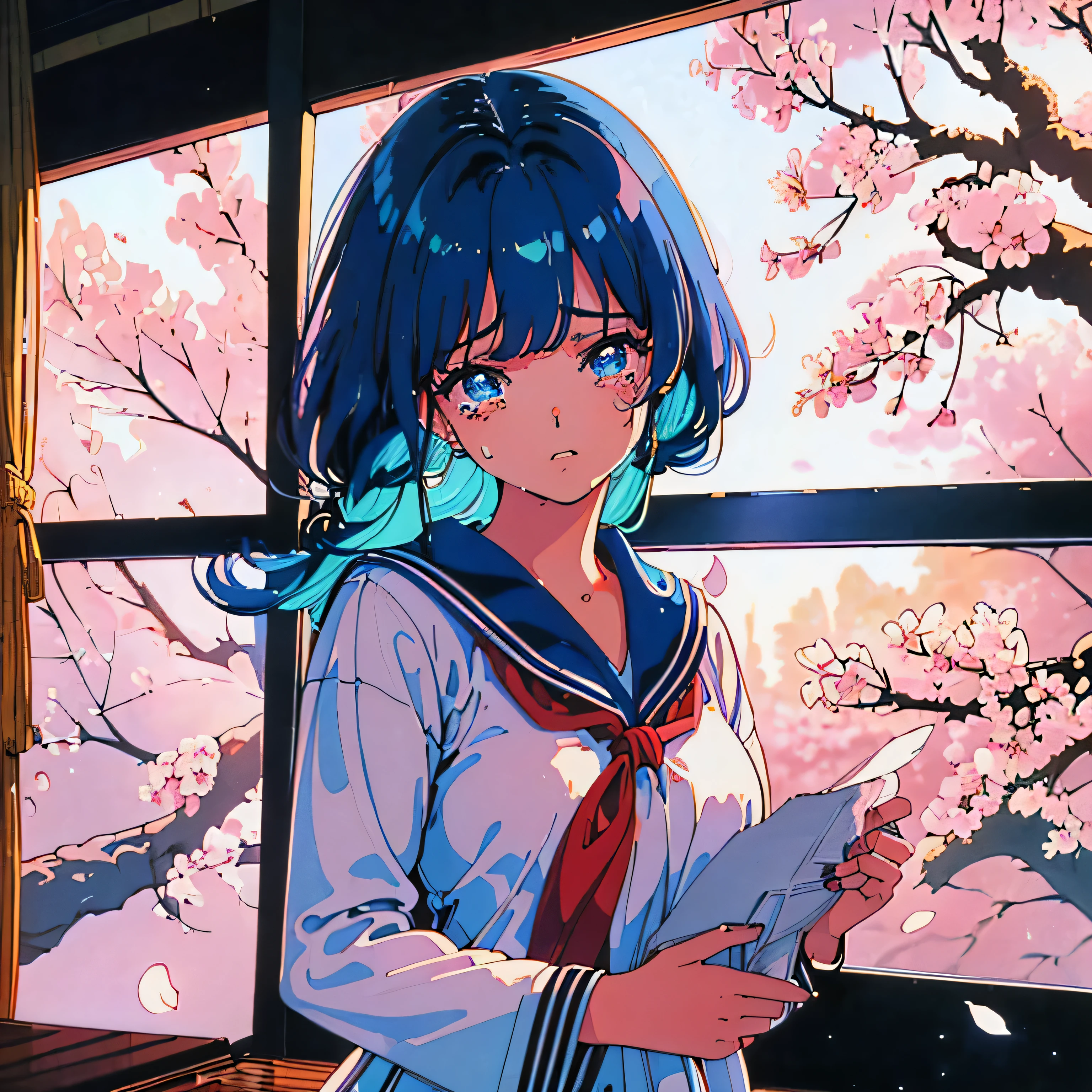 highres, extremely details, dramatic brightness, best quality art, 32k, 8K wallpaper, 4K digital animation, (1980s Japanese anime art:1.5). 1girl, she sad and remember a boy friend, he moved from school. (Her hair color is black:1.3),((a photo of girl, 1980s Japanese idol hairstyle:1.7)),(blue eyes :1.3),(detailed eyes and tears:1.3),close up upper body, (she wearing a sailor suit uniform in the room:1.5),(She holding a crumpled old paper in hand:1.5), (She looking memo on this crumpled paper:1.3), (The cherry blossom trees shine beyond the window:1.3)