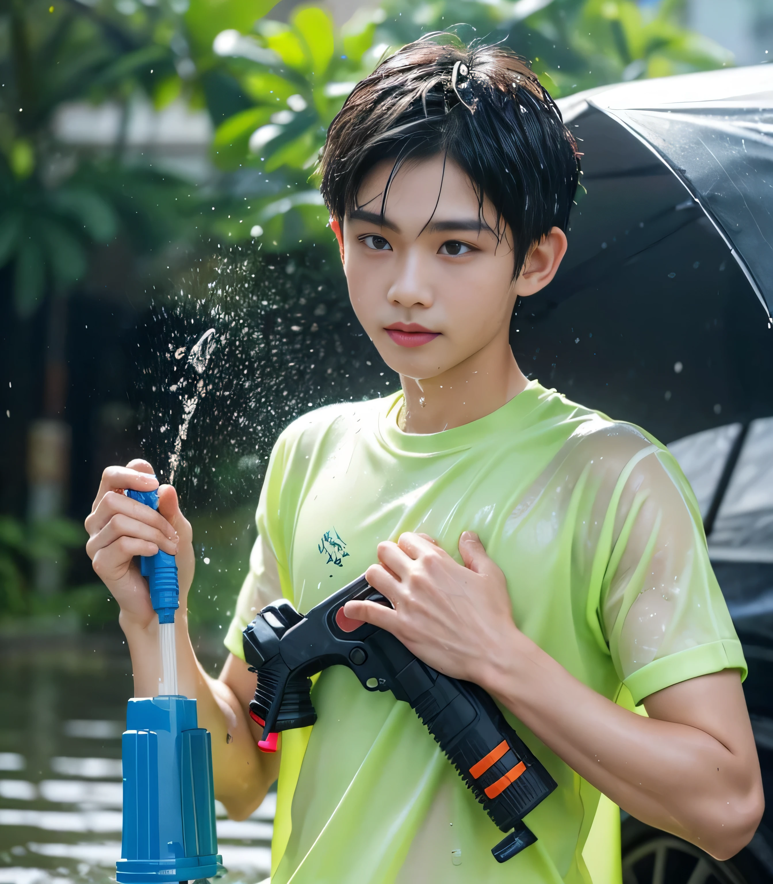 Songkran water splash, Many boys, water gun, Songkran Day in Thailand, wet street , soaked young boy, drenched, many boys, dripping, wet clothes, wet skin, wet hair, 8k, masterpiece, photorealistic, cute boy, happy,