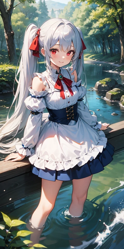 highest quality,masterpiece,very delicate writing,1 person,18-year-old,girl,silver hair,low twintails,long hair,White Hair Ribbon,Blue frilly hair ribbon,Red brooch on chest,red eyes,white cold shoulder top,Marine Blue Skirt,forest,A small bridge over a stream,splash of water,Smiling and looking at the audience,cowboy shot