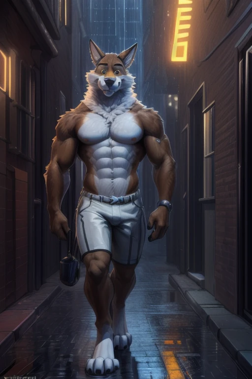 No shirt, shirtless, Male big Wendell muscular ), Walking in a dimly lit NY alleyway in the rain at night , (by Homogenousrule, by Wildering, by Foxovh, by Catcouch), 4k,(by totesfleisch8 and,male, muscular male, muscle 
(( walking in a allyway )),Sharp gaze, hentai , anthro, shortstack, standing, looking  at viewer, background, extremely detailed, 3d render, high quality  digital art, huge thighs , detailed eyes,, good anatomy, good perspective , front towards viewer, by bebebebebe, by sicklyhypnos, by gerkk, by orf, (  by cutesexyrobutts, by darkgem, by zackary911,(  by singafurian, by daftpatriot,, cute, detailed face , face,  face, detailed mouth style, leo alvarez, bara, (soft shading), 4k, hi res, detailed hands, ((detailed face, (detailed eyes:1.0), detailed)), by zackarry911, by zaush, (by personalami:0.5), looking at viewer,  image, navel, full body, one person focus, thick thighs,  Hentai, day, sexy, sensual, detailed, beautiful and detailed  image of an anthropomorphic  ,(highres,:1.2), Smiling happy extremely detailed, photorealistic, 3d render , high quality  digital art,Wendell , Walking in a dimly lit NY alleyway in the rain at night, muscular, muscle, muscles 