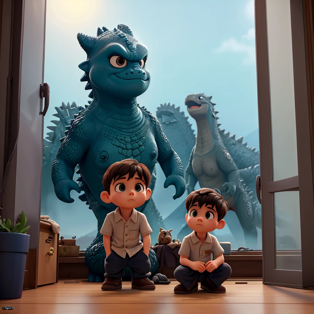 A little boy stares longingly outside his bedroom window, outside Godzilla is beckoning the boy to come outside and play