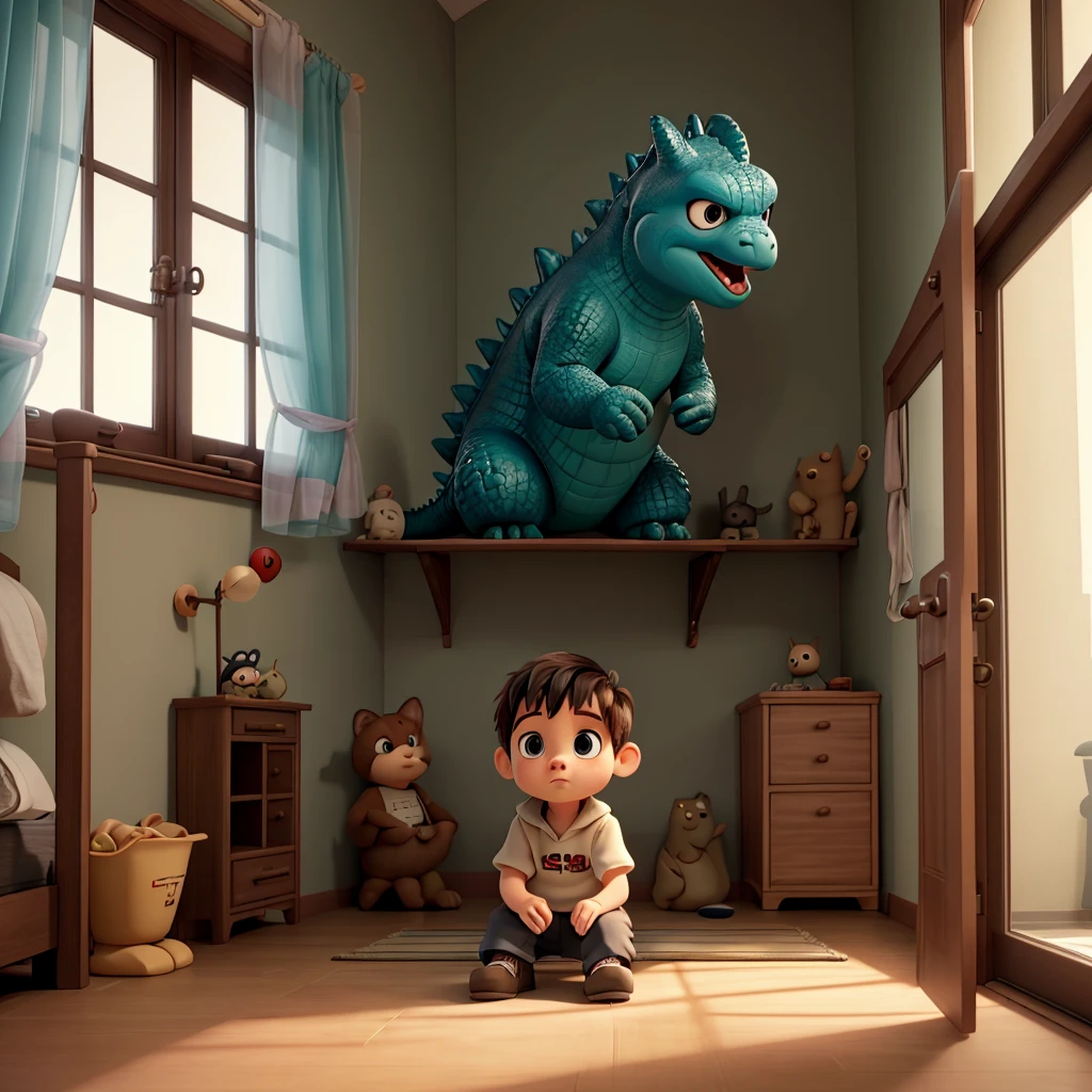 A little boy stares longingly outside his bedroom window, outside Godzilla is beckoning the boy to come outside and play