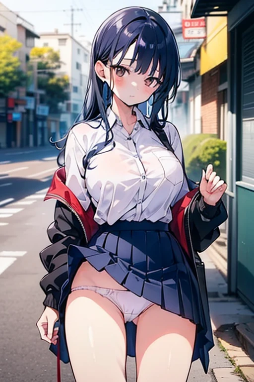 (masterpiece, best quality, ultra-detailed), 1girl, AnnaYamada, blue hair, brown eyes, looking at viewer, standing, sexy pose, blush, skirt, panties, (bellow view), outdoors