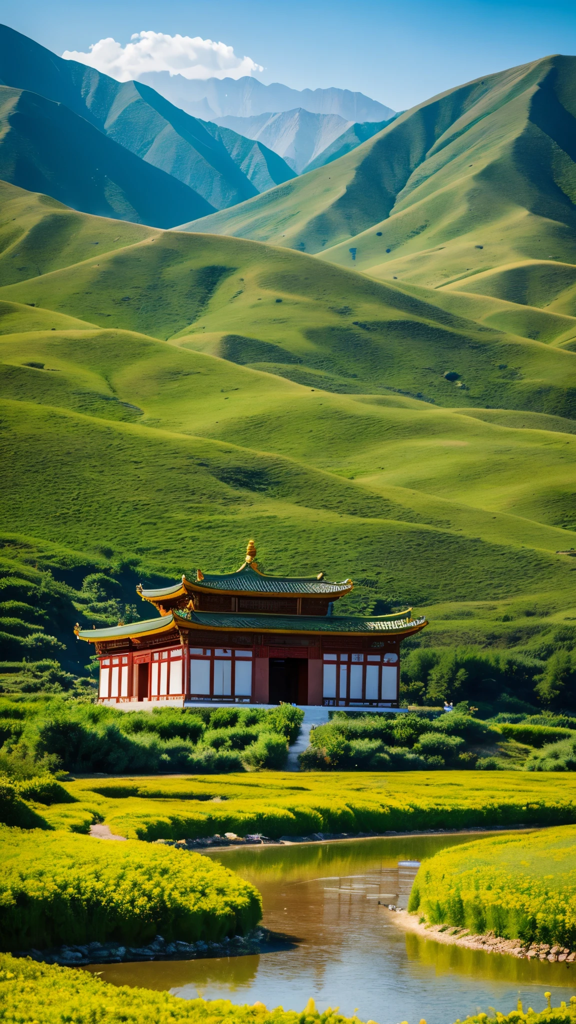 (highest quality), 4k, landscape illustration, Qinghai Province, taal temple, Nanohana in the noodle garden, Qinghai Province Lake, Kunlun Mountains, Travel enthusiast