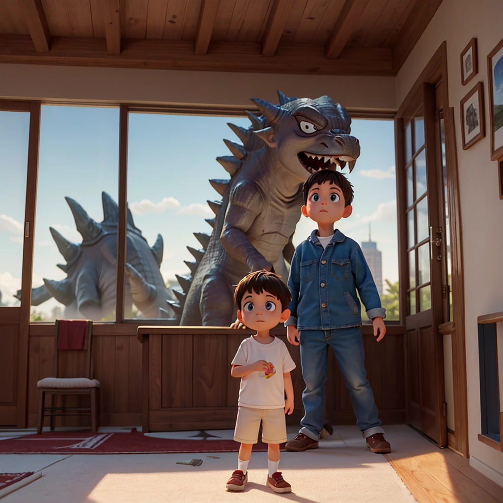 A little boy stares longingly outside his bedroom window, outside Godzilla is beckoning the boy to come outside and play