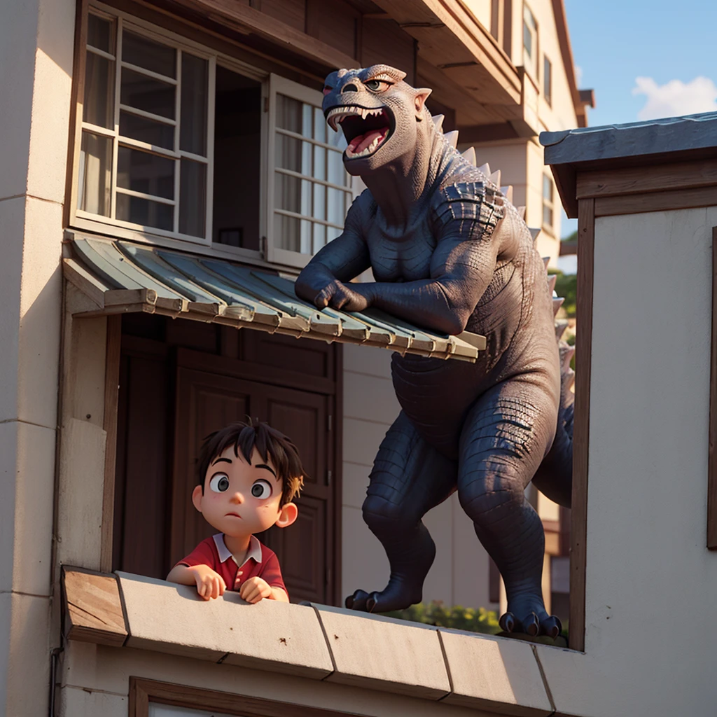 A little boy stares longingly outside his bedroom window, outside Godzilla is beckoning the boy to come outside and play