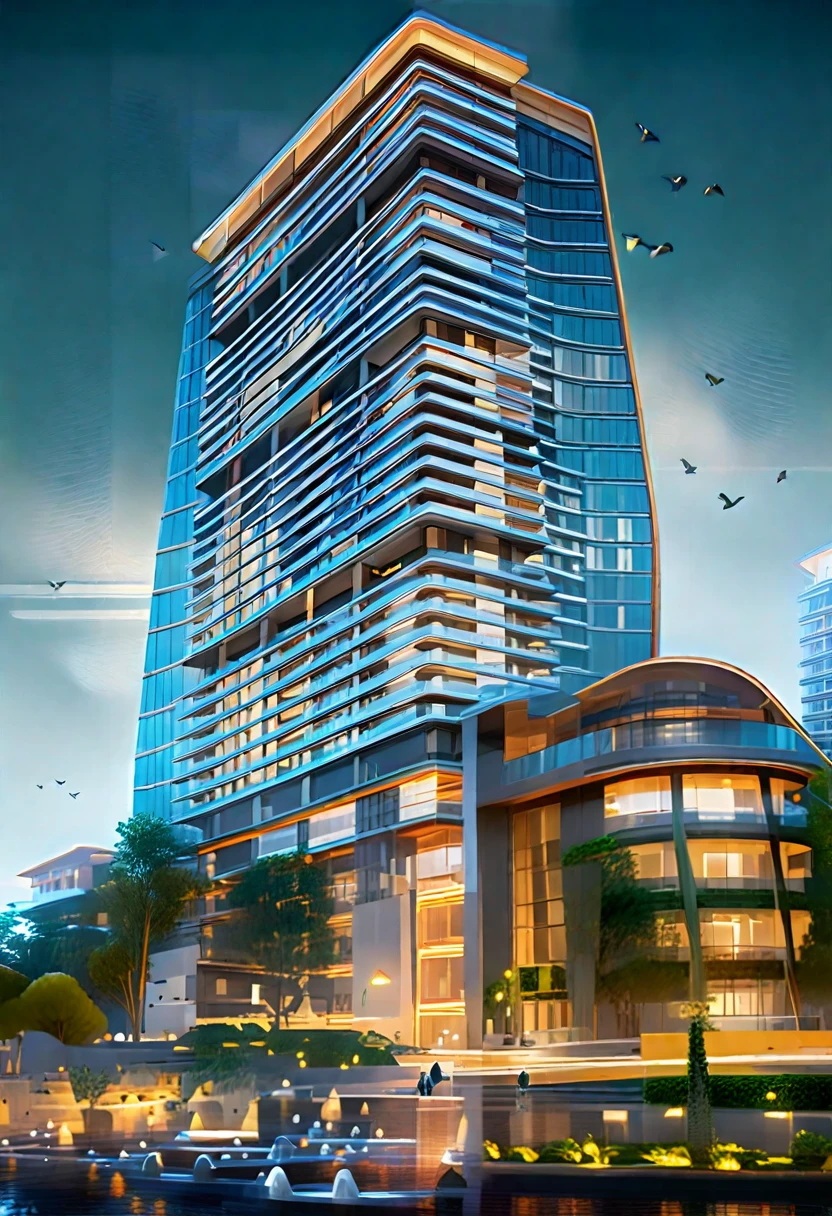 masterpiece, best quality,(Future technology city:1.1),fantastic sense of light,river, Dense city, super high-rise buildings,high resolution,hyper quality,full details.bird 's-eye view, The complex features pedestrian streets and exquisite shops, with modern architectural facades creating a sleek and sophisticated environment. at the dawn atmosphere with Gorgeous City Light Show,The use of three-dimensional corridors and glass curtain wall towers adds to the overall futuristic feel of the scene, while realistic lighting and three-dimensional greenery create a sense of depth and vibrancy. The street planting is exquisitely detailed, adding a touch of natural beauty to the urban space. Rendered in high definition quality using 3D rendering software, the image is a breathtaking piece of urban design, strong contrast of light and shadow, Extreme material details, 4K,8K, high quality, shaped curves, curved buildings, strong glass reflections, shimmering, (SOM:1.1), (Zaha:1.2), interior building lights coming through in the shadows, clear architectural structures