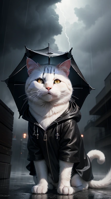 White cat in a black raincoat,stormy weather,Features cinematic lighting and hyper-realistic details,realistic photos,cinematography,Incredibly detailed,movie lighting