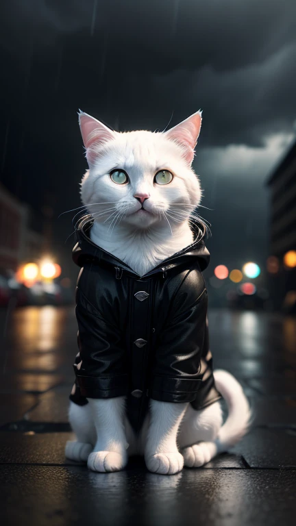 White cat in a black raincoat，stormy weather，Features cinematic lighting and hyper-realistic details，realistic photos，cinematography，Incredibly detailed，movie lighting