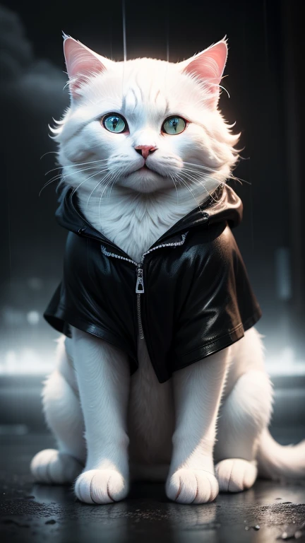White cat in a black raincoat,stormy weather,Features cinematic lighting and hyper-realistic details,realistic photos,cinematography,Incredibly detailed,movie lighting