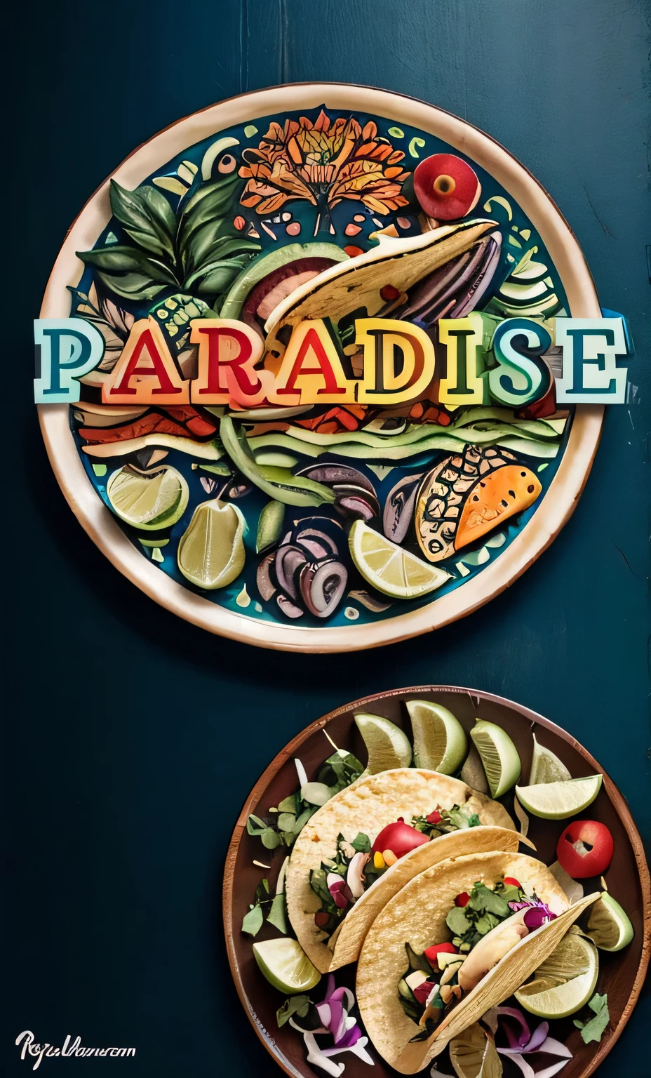 El logo de "Paradise" combina colores vibrantes (verde, rojo, naranja, azul, blanco, amarillo) with a handmade design. El nombre "Paradise" destaca en tonos azul y amarillo, mientras una ballena resalta en rojo y naranja. A gourmet taco icon adds detail to the design. add fruits and Mexican tacos in colorful tortillas