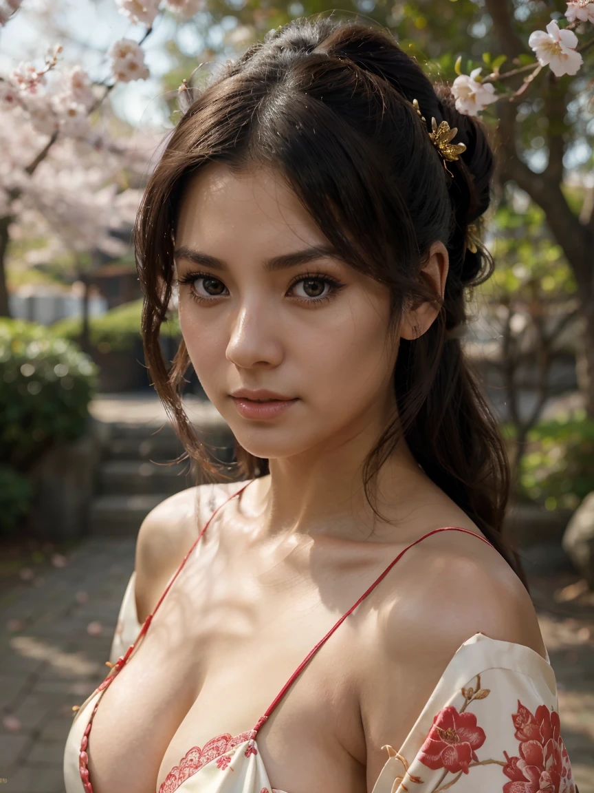 (highres,realistic)A detailed portrait of a girl cosplaying as Mai Shiranui. The girl has (beautiful detailed eyes,beautiful detailed lips,extremely detailed eyes and face,longeyelashes)with a fierce and confident expression. She is wearing a (vibrant,traditional)costume that consists of a (red,black,silk)kimono with a plunging neckline and an obi tied in a decorative bow at the back. The kimono is adorned with intricate (gold,floral)embroidery and delicate lace that adds a touch of elegance. The girl's hair is (jet black,long,straight)and styled in two high ponytails, with (delicate,ornamental)hair accessories. She is also wearing a pair of (golden,bangle)bracelets on her wrists, adding to the authenticity of the cosplay. The background is (dramatic,Japanese-inspired)with cherry blossom trees in full bloom, casting a soft pink hue. The lighting is (subtle, warm)and highlights the girl's figure, creating a sense of depth and dimension. This artwork exudes (beauty,elegance,fierce energy)and captures the essence of Mai Shiranui's character in a (realistic,photorealistic)style.