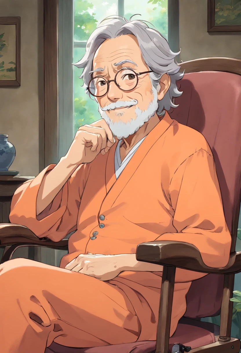 Anime, friendly old wrinkled man, with wavy gray hair, wearing light orange pajamas, wearing silver glasses, wise, and compassionate, sitting on rocking chair.