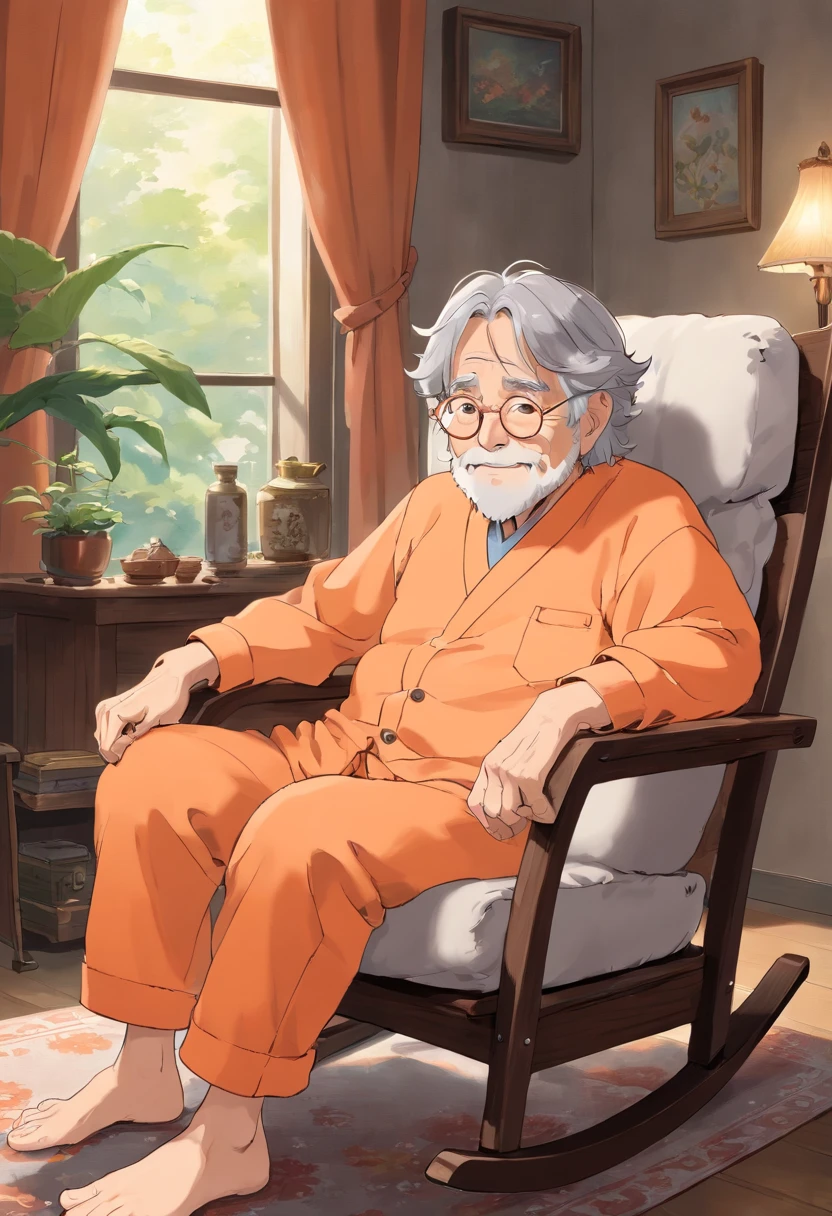 Anime, friendly old wrinkled man, with wavy gray hair, wearing light orange pajamas, wearing silver glasses, wise, and compassionate, sitting on rocking chair.