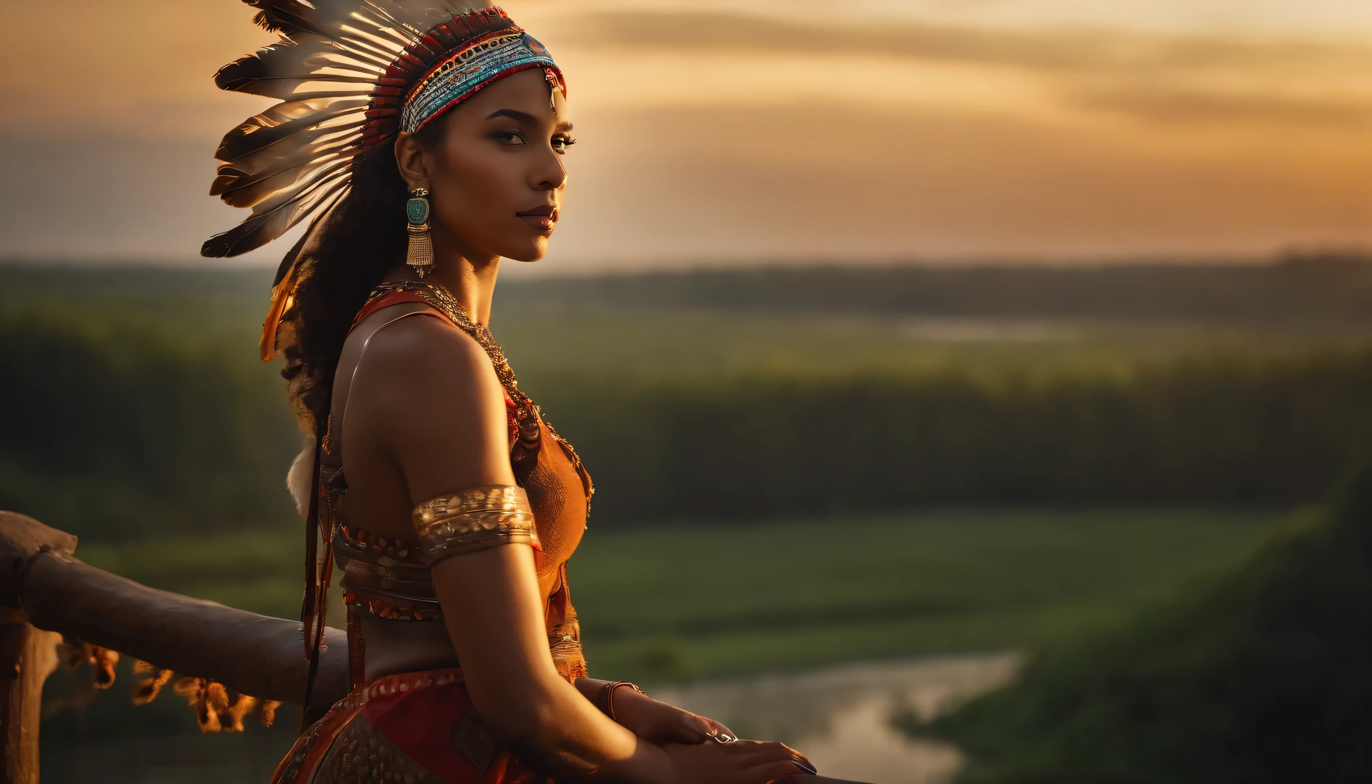 (best quality,4k,8k,highres,masterpiece:1.2),ultra-detailed,(realistic,photorealistic,photo-realistic:1.37),beautiful face,brown-skinned girl,short curly hair,intense gaze,vibrant eyes,detailed lips,natural beauty,native shirt,exquisite patterns,sexy native headdress,golden decor,standing,poised,graceful,feminine,silhouette,flowing riverside,setting sun,soft golden light,dreamy atmosphere
