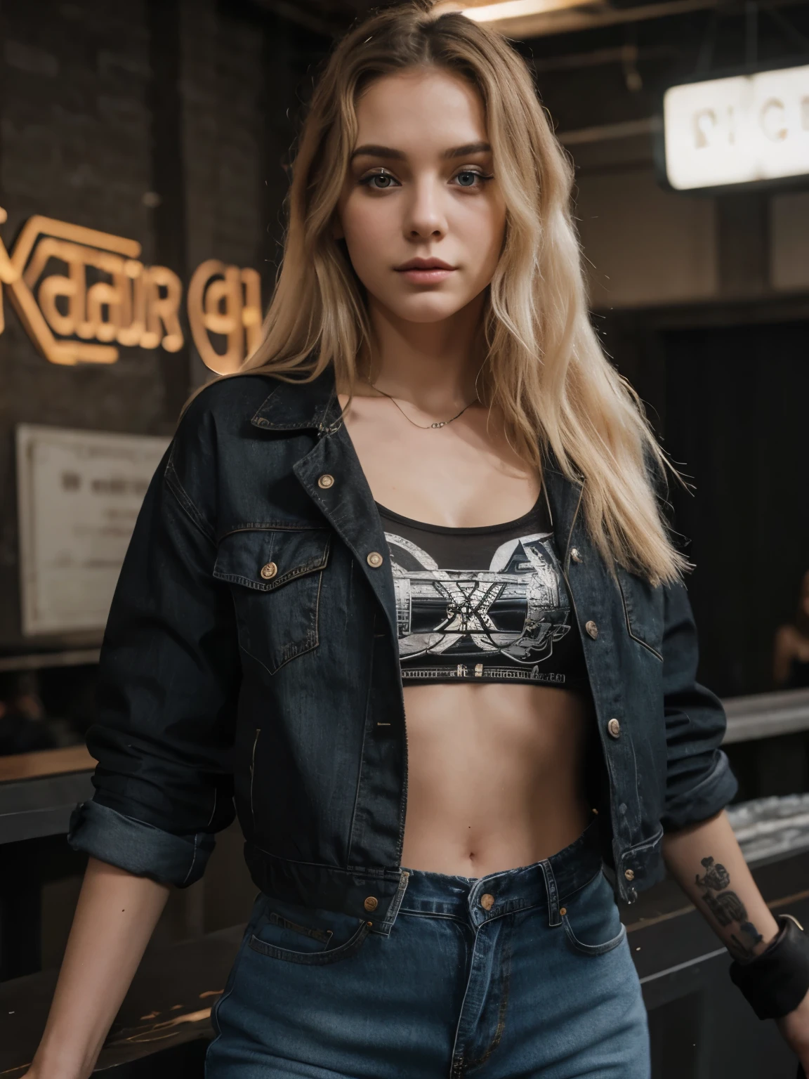 Beautiful blonde 24 years old woman, lolalove, asymmetrical hairstyle, wearing black denim jacket with metal band patches, white metal band t-shirt,  heavy metal concert, college skirt, neon lights, canon 18 mm, night, realistic portrait, highly detailed, analog style, deep cleavage, metal band playing behind her, victory sign