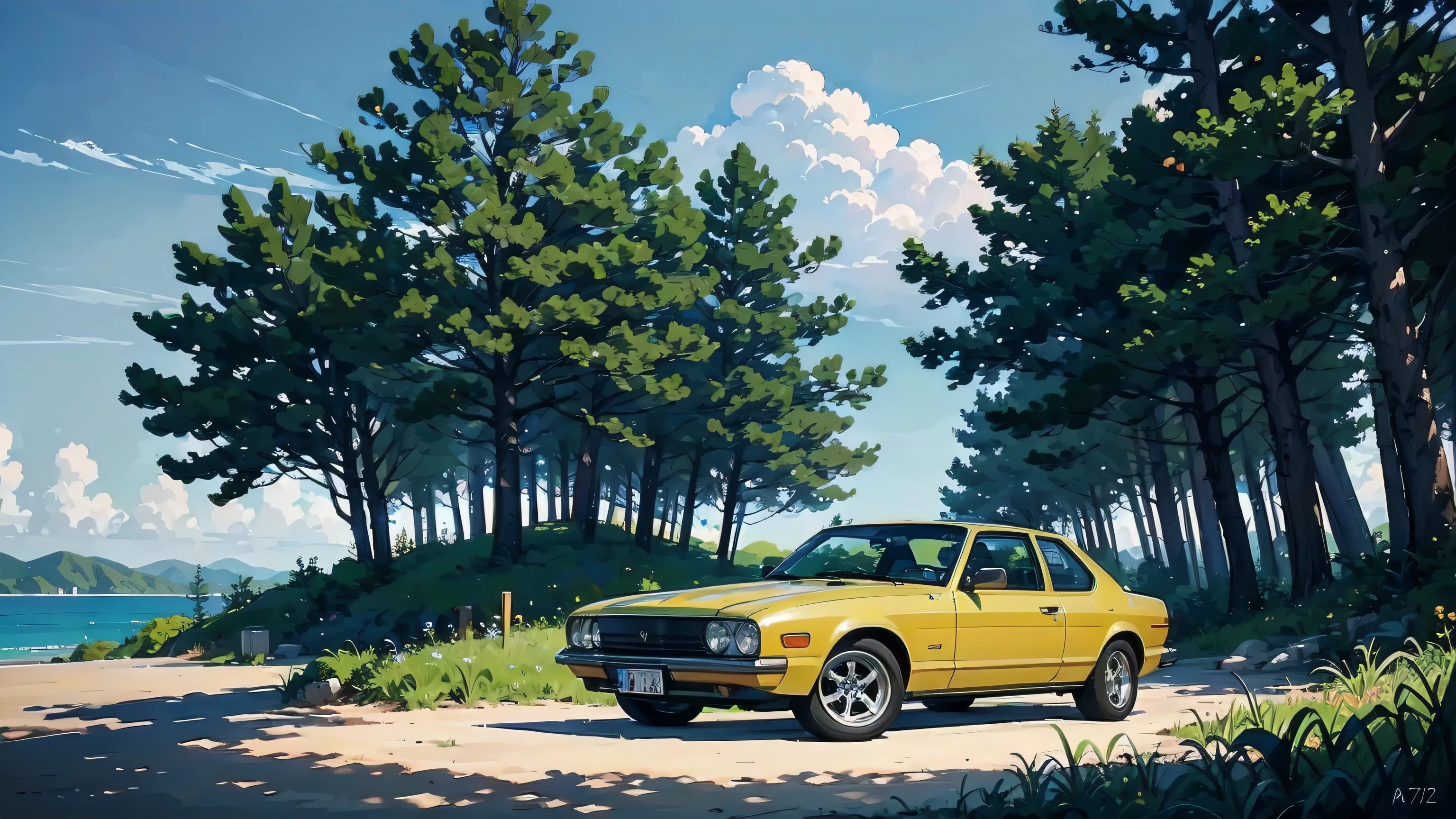 painting of a yellow car parked under a tree on a beach, painted in anime painter studio, low detailed. digital painting, digital painting highly detailed, anime background art, detailed scenery —width 672, detailed digital painting, background art, very detailed digital painting, highly detailed digital painting, sky forest background, scenery art detailed, detailed trees, high detail digital painting