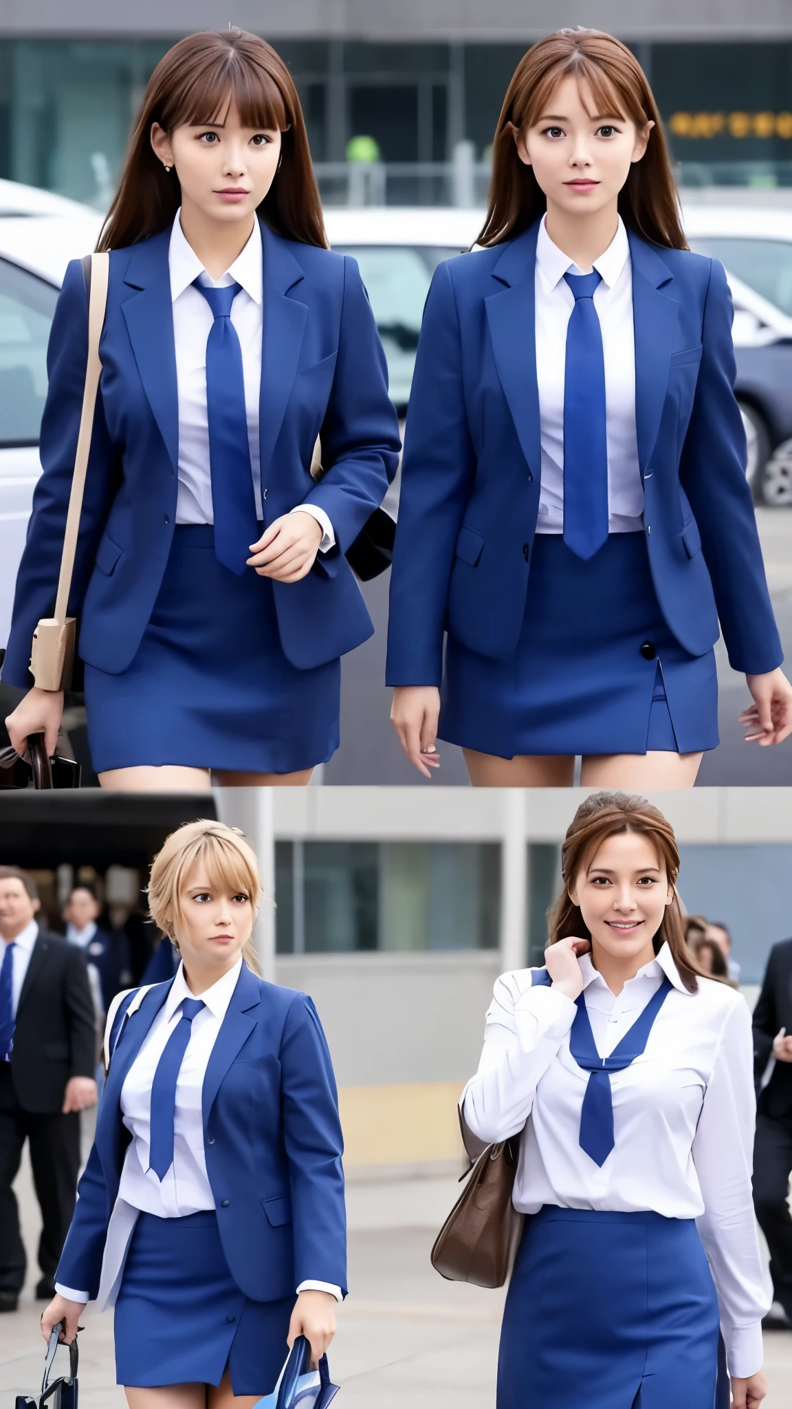 {{mature woman, white people}}, looking at the viewer, hazel eyes, very detailed, medium breasts, brown hair, airport, flight attendant, uniform, blue blazer, blue tie, blue skirt, medium skirt, pencil skirt, blue high heels, Happy, 最high quality, high quality, very detailed anime screencap, {{{{Crowded, multiple girls, thousands of sisters, millions of sisters,billions of sisters, clone, doppelganger, matching outfit, hairstyle that suits you}}}}, full body