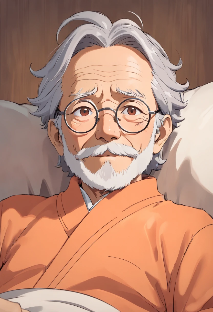 Anime, friendly old wrinkled man, with wavy gray hair, wearing light orange pajamas, wearing silver glasses, wise, and compassionate.