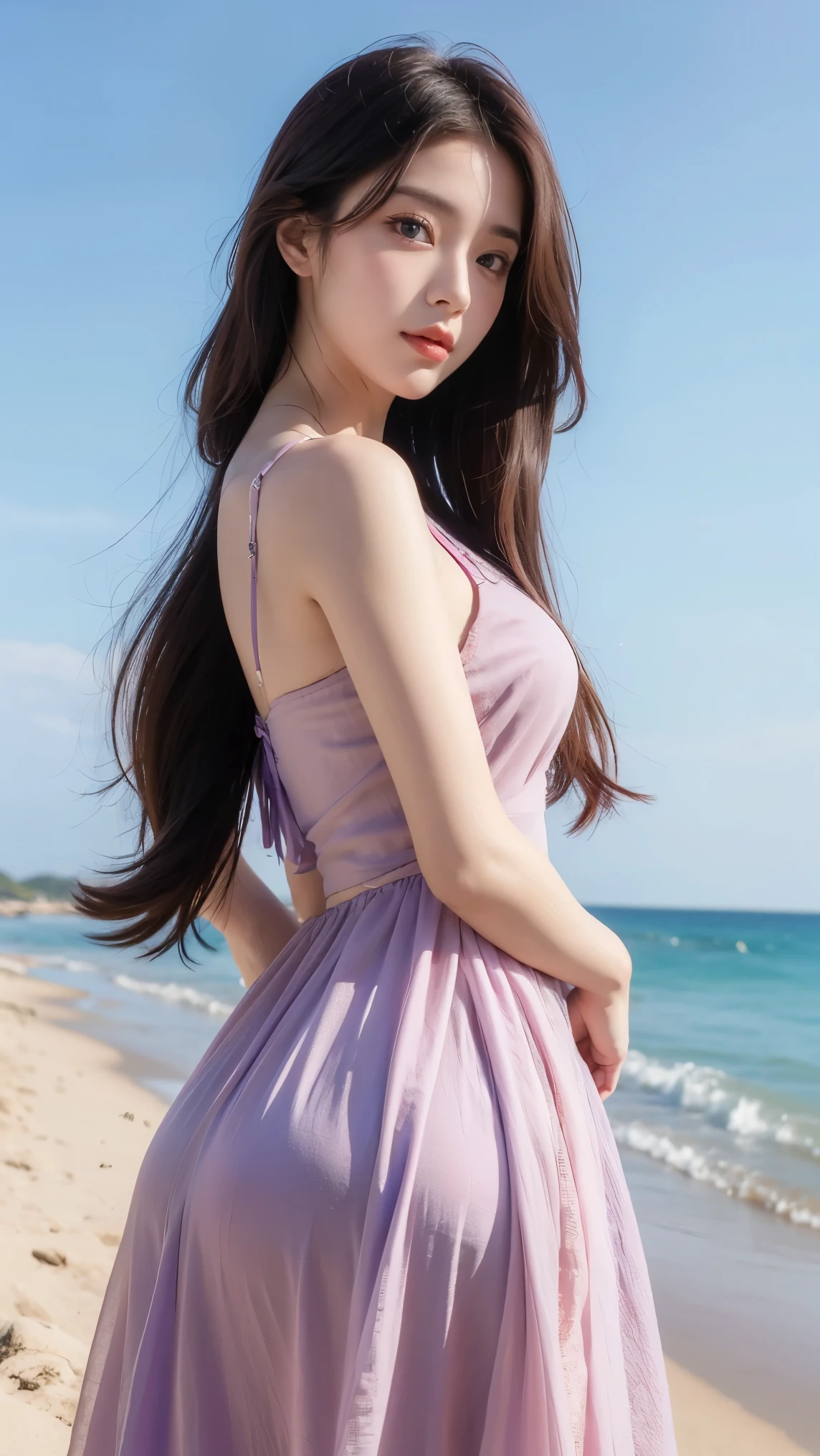 masterpiece, high resolution, best quality, Very detailed, pink eyes, beautiful woman, purple dress,beach,long hair