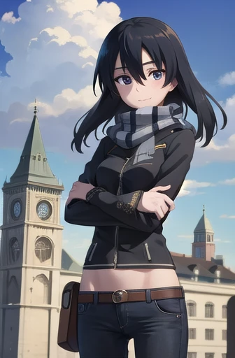 agkkurome, kurome, longer hair, black hair, (black eyes:1.3), hair between eyes, cute face, smile, blush
BREAK jeans, zipped jacket, scarf, arm warmers, arms crossed, midriff peek
BREAK city, sky, clouds, palace courtyards
BREAK looking at viewer, (cowboy shot:1.5), wind, wind blowing
BREAK (masterpiece:1.2), best quality, high resolution, unity 8k wallpaper, (illustration:0.8), (beautiful detailed eyes:1.6), extremely detailed face, perfect lighting, extremely detailed CG, (perfect hands, perfect anatomy)