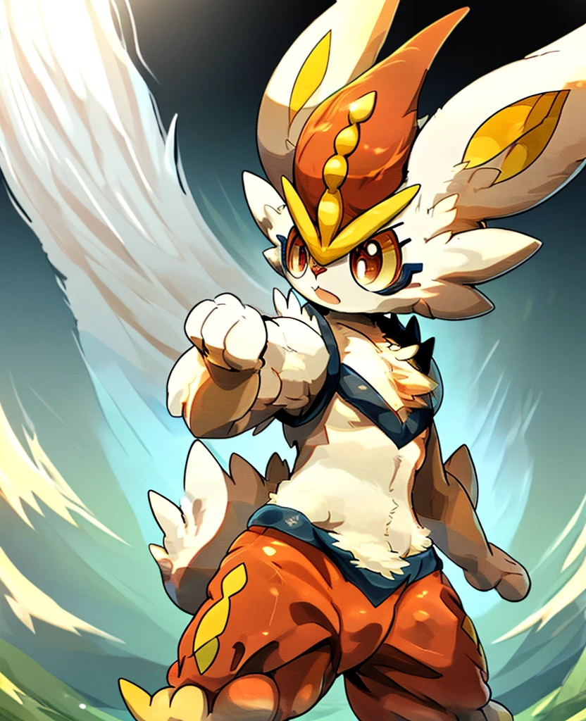 pokemon xd wallpapers by the - art - of - pokemon, an anthro rabbit, sfw version, kemono, official art, most strongest pose, doing a hot majestic pose, anthro art, young male anthro male, furry anime, furry chest, cinderace, pokemon 