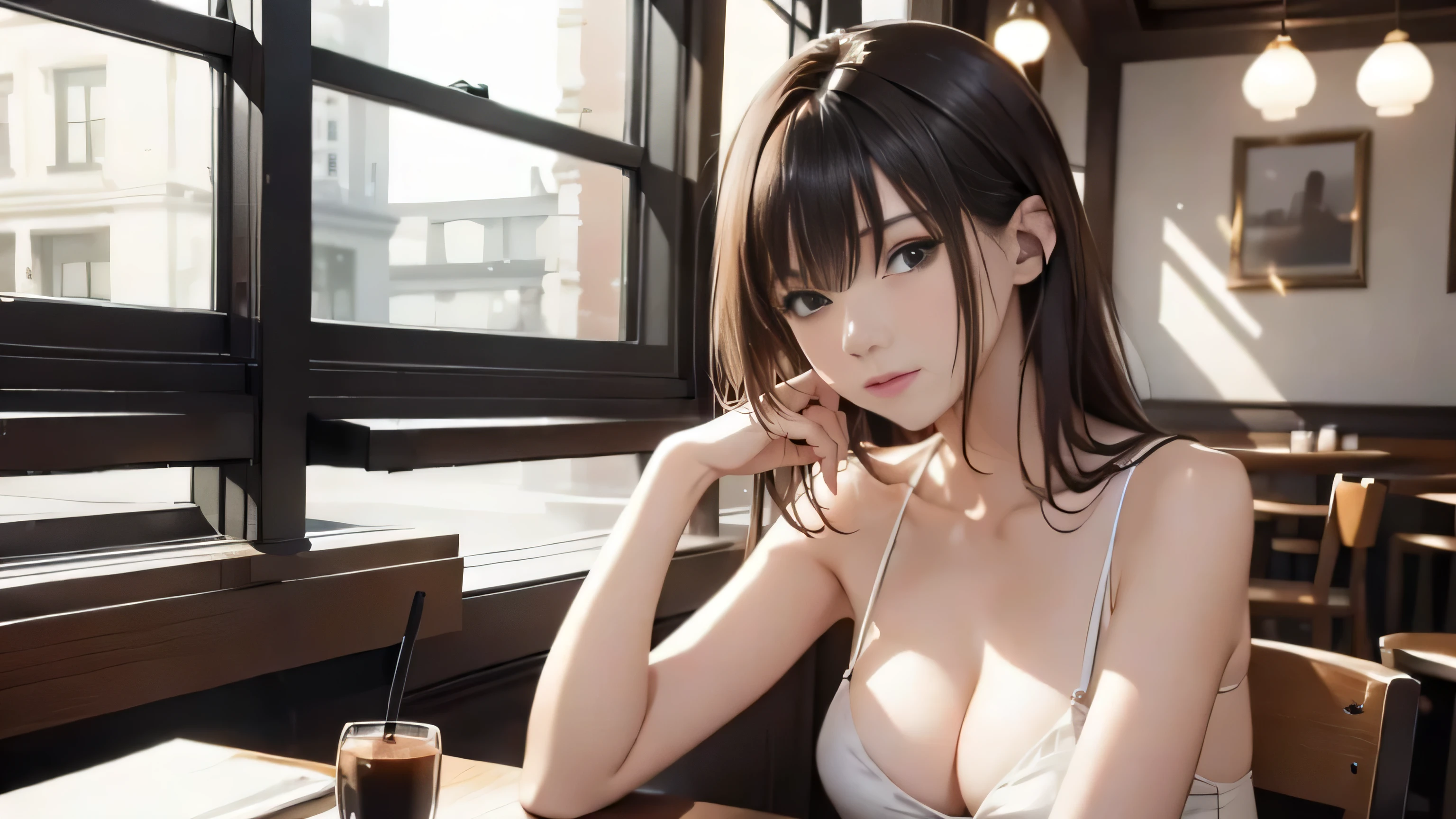 stylish cafe、masterpiece, highest quality, cinematic light, 8K resolution, sharp focus: 1.2, 25 year old woman, sexy woman,Hot coffee on the table、Listening to music、whole body、 sleepy、