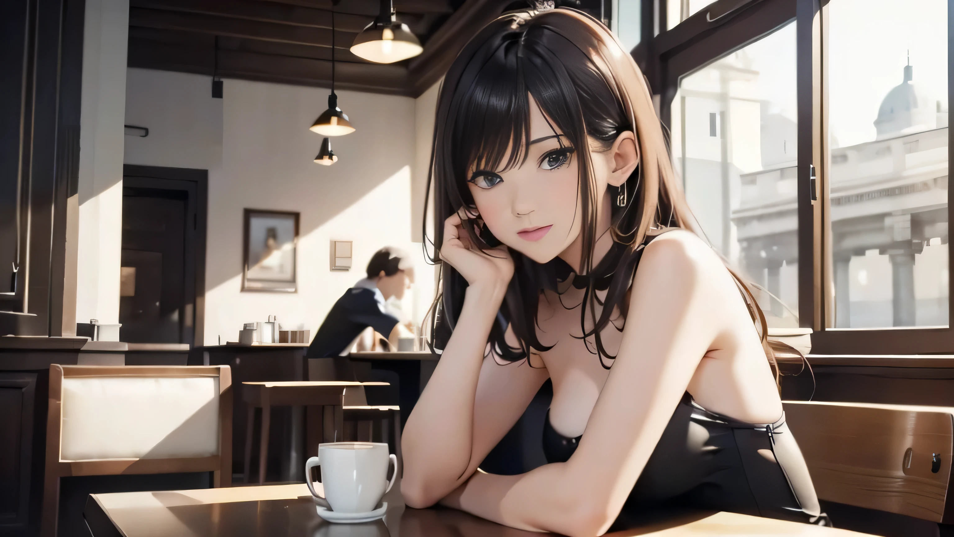 stylish cafe、masterpiece, highest quality, cinematic light, 8K resolution, sharp focus: 1.2, 25 year old woman, sexy woman,Hot coffee on the table、Listening to music、whole body、 sleepy、