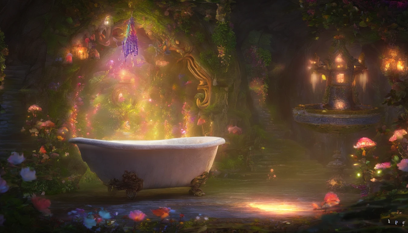 A fairy bathroom surrounded by a dark forest、Creates a quiet and enchanting atmosphere。The dimly lit walls are covered with soft pastel tiles.、It creates an atmosphere of tranquility and mystery.。The large wooden bathtub with intricate carvings、It is filled with bright hot water that glows quietly in the darkness.。Delicate vines blooming little flowers on the walls、It creates a fantastic atmosphere。A cascading shower decorated with shimmering crystals radiates warm water.。On the quaint little shelf、Small bottles of aromatic oils and elixirs are stored here.、Experience a blissful aromatic bath。Dimly lit place、Relax in the mystical bathroom。very realistic、photograph、one person perspective、super detail、high detail、high quality、8K、