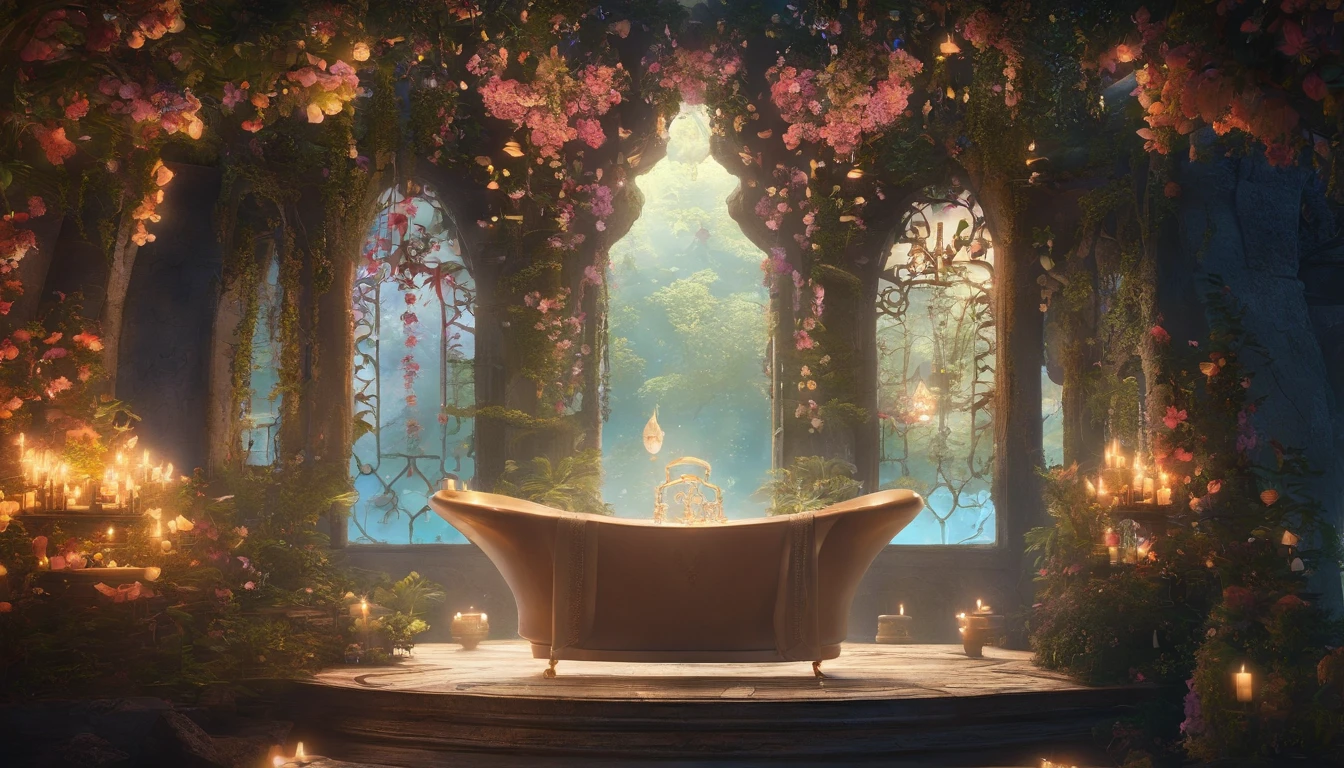 A fairy bathroom surrounded by a dark forest、Creates a quiet and enchanting atmosphere。The dimly lit walls are covered with soft pastel tiles.、It creates an atmosphere of tranquility and mystery.。The large wooden bathtub with intricate carvings、It is filled with bright hot water that glows quietly in the darkness.。Delicate vines blooming little flowers on the walls、It creates a fantastic atmosphere。A cascading shower decorated with shimmering crystals radiates warm water.。On the quaint little shelf、Small bottles of aromatic oils and elixirs are stored here.、Experience a blissful aromatic bath。Dimly lit place、Relax in the mystical bathroom。very realistic、photograph、one person perspective、super detail、high detail、high quality、8K、