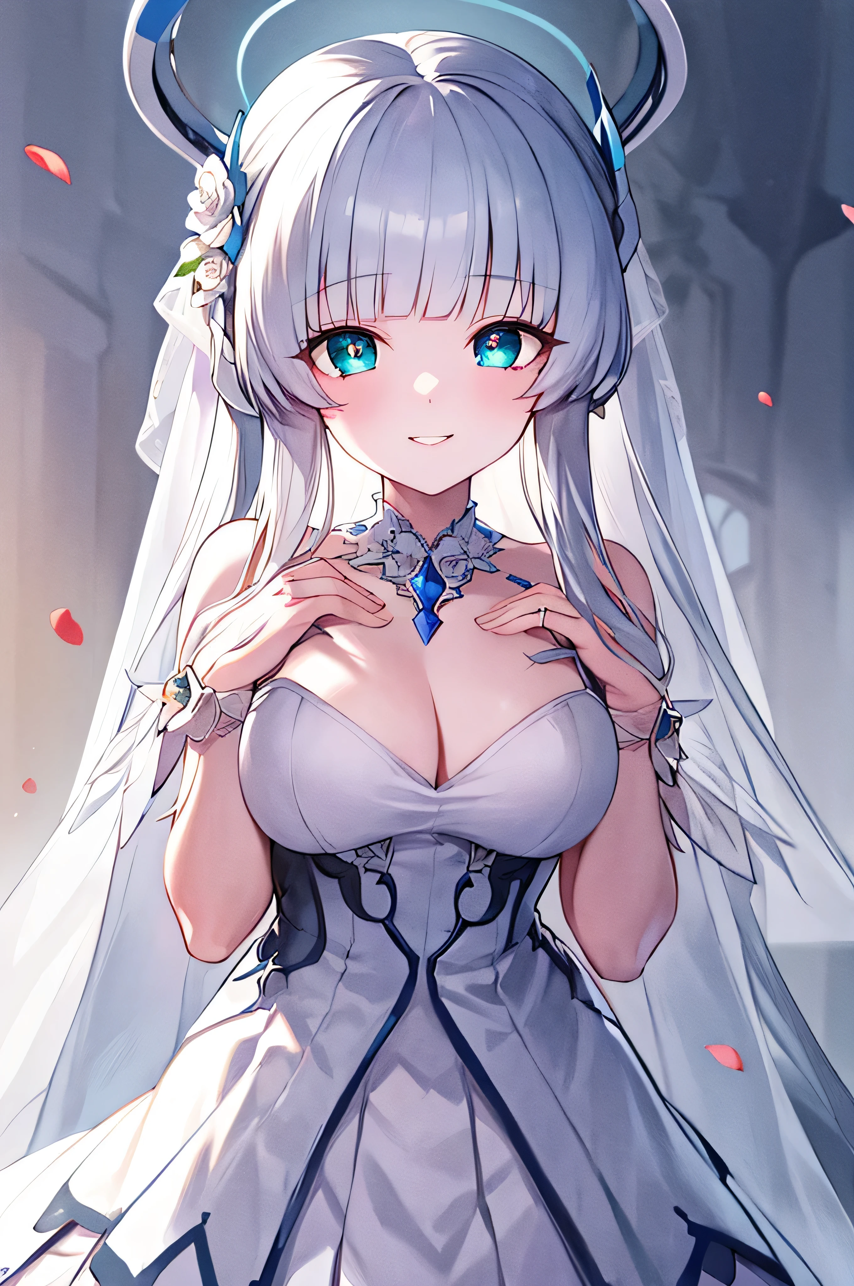 masterpiece, best quality, High resolution, unified 8k wallpaper, white_hair,1 girl, headband, long hair, wedding dress, mini skirt, wedding_veil, , bouquet, Sea of flowers, cowboy shooting, looking at the audience, grassland,fluttering petals,Smile,medium bust,(beautiful and delicate eyes:1.6), extremely detailed face, perfect lighting, Extremely detailed CG, (perfect hands, perfect anatomy),