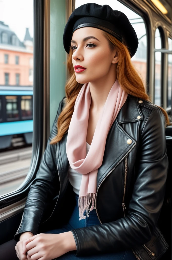 A close-up portrait of a gorgeous, beautiful, stunning russian woman wearing an urban outfit: a black  leather jacket, a white blouse, a black beret, and pink scarf. A redhead woman from Russia, delicate red lips, pastel pink skin tone, soft flawless pale skin, elegant make up, red lipstick. Classy, elegant, stylish redhead woman, a majestic lady, dream beauty, ethereal beauty, delicate, sensitive, tender, lovely, romantic, kind, so femenine and strong, brave, determinated woman. Elegant look, flowing and glowing layered wavy ginger hair. She's making a photo's book, posing for camera while she's train in the city, professional photograph, editorial photograph, portrait photograph of a russian model.
