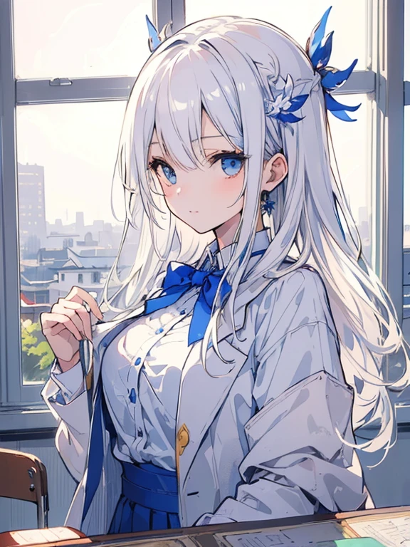 (best quality:1.3), (masterpiece:1.3), (illustration:1.3), (ultra-detailed:1.3), (imid shot:0.9), (Detailed Eye), Matured Girl, A girl, White haired, (Long hairstyle), Eyes Azur, Wearing Blue blazer coat, under neat White long shirt with Ribbon on it, Classroom Japanese culture, Front of the Window Classroom, Smugly looking at Front close,