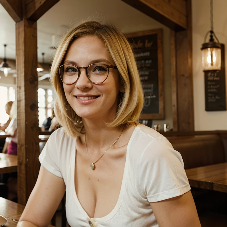 Margaux Dupont, 1girl, solo, realistic, ((short blond)), (((consistent face and image))), ((Caucasian mature)), ((Belgian woman)), ((Belgian nose)), ((Belgian lips)), ((Belgian body and skin)), ((upper body and upper legs)), Off-the-shoulder top and high-waisted jeans, ankle boots, statement earrings, Setting: Casual get-togethers inside a restaurant