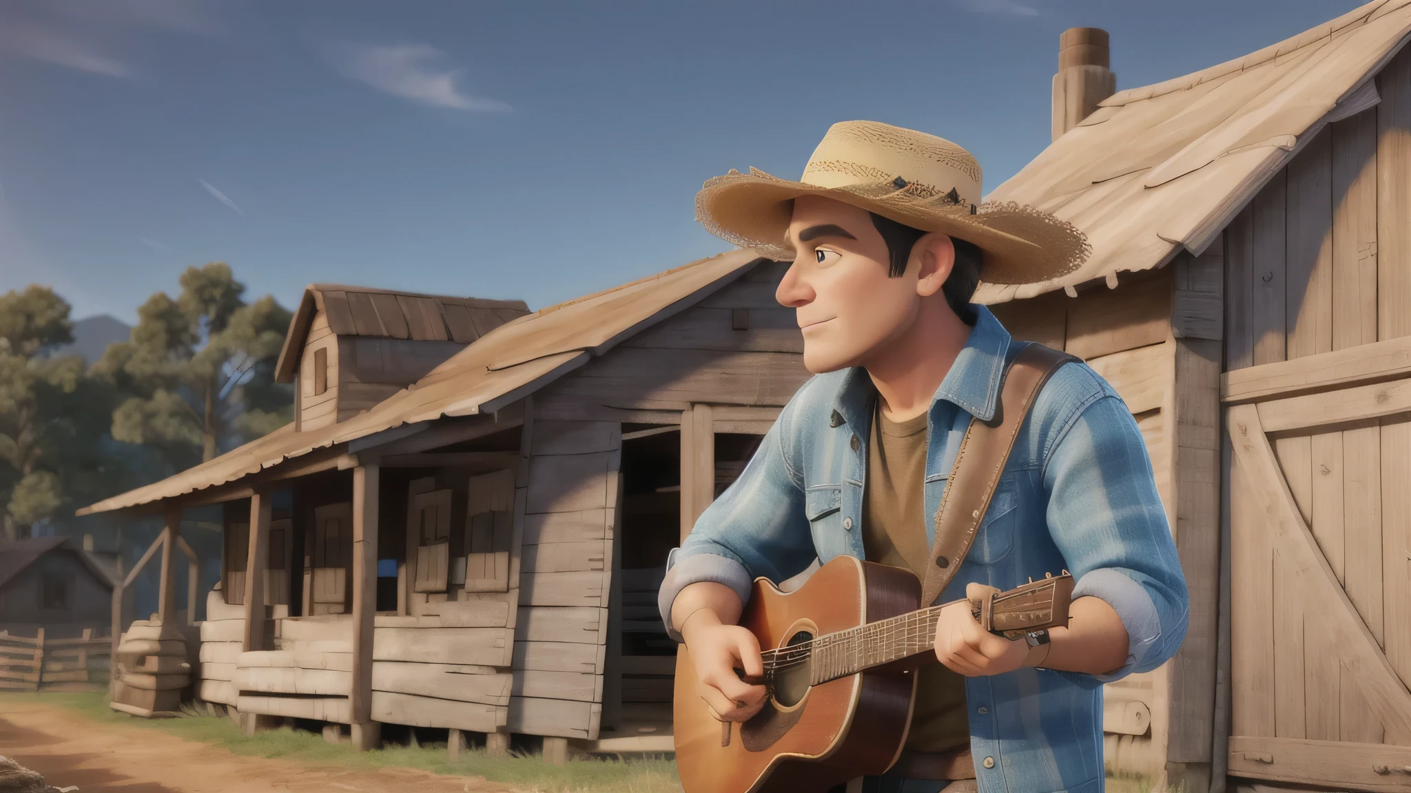 Country Man, 40 years old, wearing tattered clothes, straw hat, Leaning against the barn gate, Playing Country Guitar.  super super detailed, 8k uh, 3D rendering, Modern Disney Pixar style, The background is a hut,The figures are small