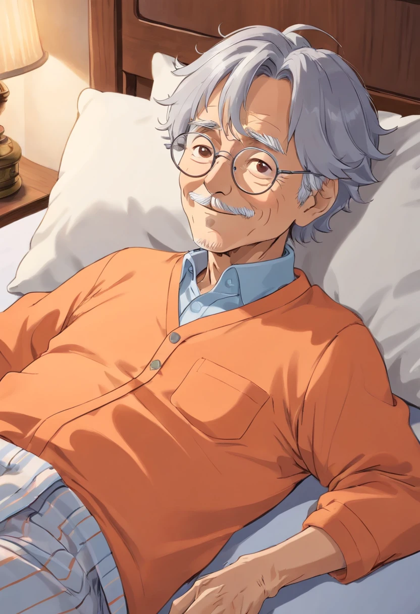 Anime, friendly old wrinkled man, with wavy gray hair, wearing light orange pajamas, wearing silver glasses, wise, and compassionate, laying down on his bed.