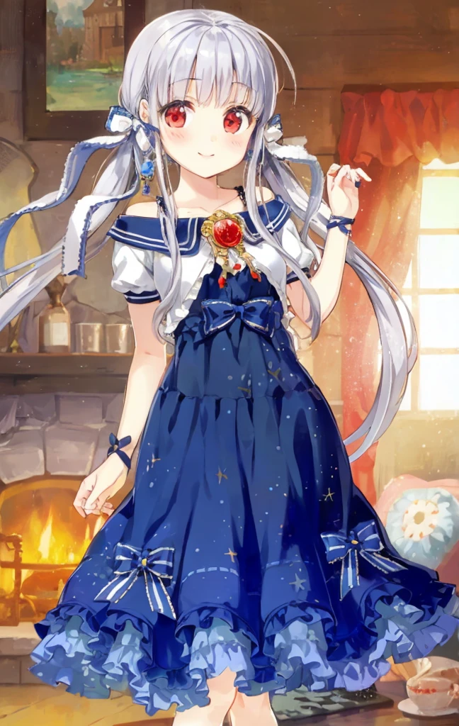 highest quality,masterpiece,very delicate writing,1 person,18-year-old,girl,silver hair,low twintails,long hair,White Hair Ribbon,Blue frilly hair ribbon,Red brooch on chest,red eyes,white cold shoulder top,Marine Blue Skirt,forest,A small bridge over a stream,splash of water,Smiling and looking at the audience,cowboy shot