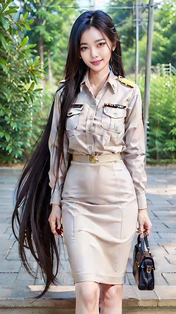Khaki suit, khaki civil servant, Thai teacher uniform:1.3, (Beautiful girl with extra long hair, Two meter long hair, Long hair that catches the eye, long black hair, Her hair is very long., Long, shiny hair, Long, thick, soft hair, Extra long hair), Dynamic posts, like full body, (shirtแขนสั้นสีกากี, pencil skirtสั้นสีกากี, side cut), (Decorated with military insignia., black high heels), (The sexiest), (small waist, hips raised, small thighs, Long legs), (big breastsโต, big breasts:1.5, big breast, Very big breasts, Eye-catching breasts, Large breasts pierce the shirt, Not completely covered, big breast, Huge breast, Big breasts D), สาวTwo meter long hair, Beautiful face, red lips, Very shiny, แต่งBeautiful face, Military rank insignia, pencil skirt, short, tight, shirt, short tight, in the background, blurred garden.
