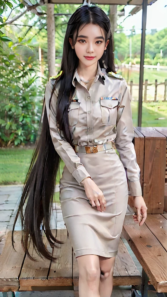 Khaki suit, khaki civil servant, Thai teacher uniform:1.3, Beautiful girl with extra long hair, Two meter long hair, Long hair that catches the eye, long black hair, Her hair is very long., Long, shiny hair, Long, thick, soft hair, Extra long hair, Dynamic posts, เหhandนเต็มตัว, Short sleeve shirtสีกากี, short pencil skirtสีกากี, side cut, Decorated with military insignia., black high heels, The sexiest, small waist, hips raised, small thighs, Long legs, Huge breasts, Huge breasts:1.5, big breast, Very big breasts, Eye-catching breasts, A gigantic rift, Not completely covered, big breast, Huge breast, Big tits D, สาวTwo meter long hair, Beautiful face, red lips, Very shiny, แต่งBeautiful face, Military rank insignia, short pencil skirt, tight, Short sleeve shirt, tight fitting, in the background, blurred garden. ultra short skirt, very short skirt, Wear a miniskirt., hand, (holding a wand, slender wood)