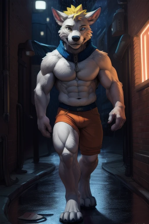 No shirt, shirtless, Male big Uzumaki Naruto muscular ), Walking in a dimly lit NY alleyway in the rain at night , (by Homogenousrule, by Wildering, by Foxovh, by Catcouch), 4k,(by totesfleisch8 and,male, muscular male, muscle 
(( walking in a allyway )),Sharp gaze, hentai , anthro, shortstack, standing, looking  at viewer, background, extremely detailed, 3d render, high quality  digital art, huge thighs , detailed eyes,, good anatomy, good perspective , front towards viewer, by bebebebebe, by sicklyhypnos, by gerkk, by orf, (  by cutesexyrobutts, by darkgem, by zackary911,(  by singafurian, by daftpatriot,, cute, detailed face , face,  face, detailed mouth style, leo alvarez, bara, (soft shading), 4k, hi res, detailed hands, ((detailed face, (detailed eyes:1.0), detailed)), by zackarry911, by zaush, (by personalami:0.5), looking at viewer,  image, navel, full body, one person focus, thick thighs,  Hentai, day, sexy, sensual, detailed, beautiful and detailed  image of an anthropomorphic  ,(highres,:1.2), Smiling happy extremely detailed, photorealistic, 3d render , high quality  digital art,Uzumaki Naruto , Walking in a dimly lit NY alleyway in the rain at night, muscular, muscle, muscles 