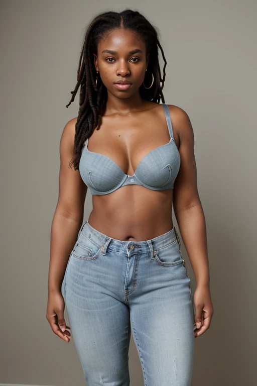 A photorealistic image of a curvy dark skin woman wearing jeans and a bra. posing against a white backdrop at a photoshoot. Rembrandt lighting. Glowing skin naturally beautiful with dreadlocks and freckles. Full body shot looking seductively into the camera. 