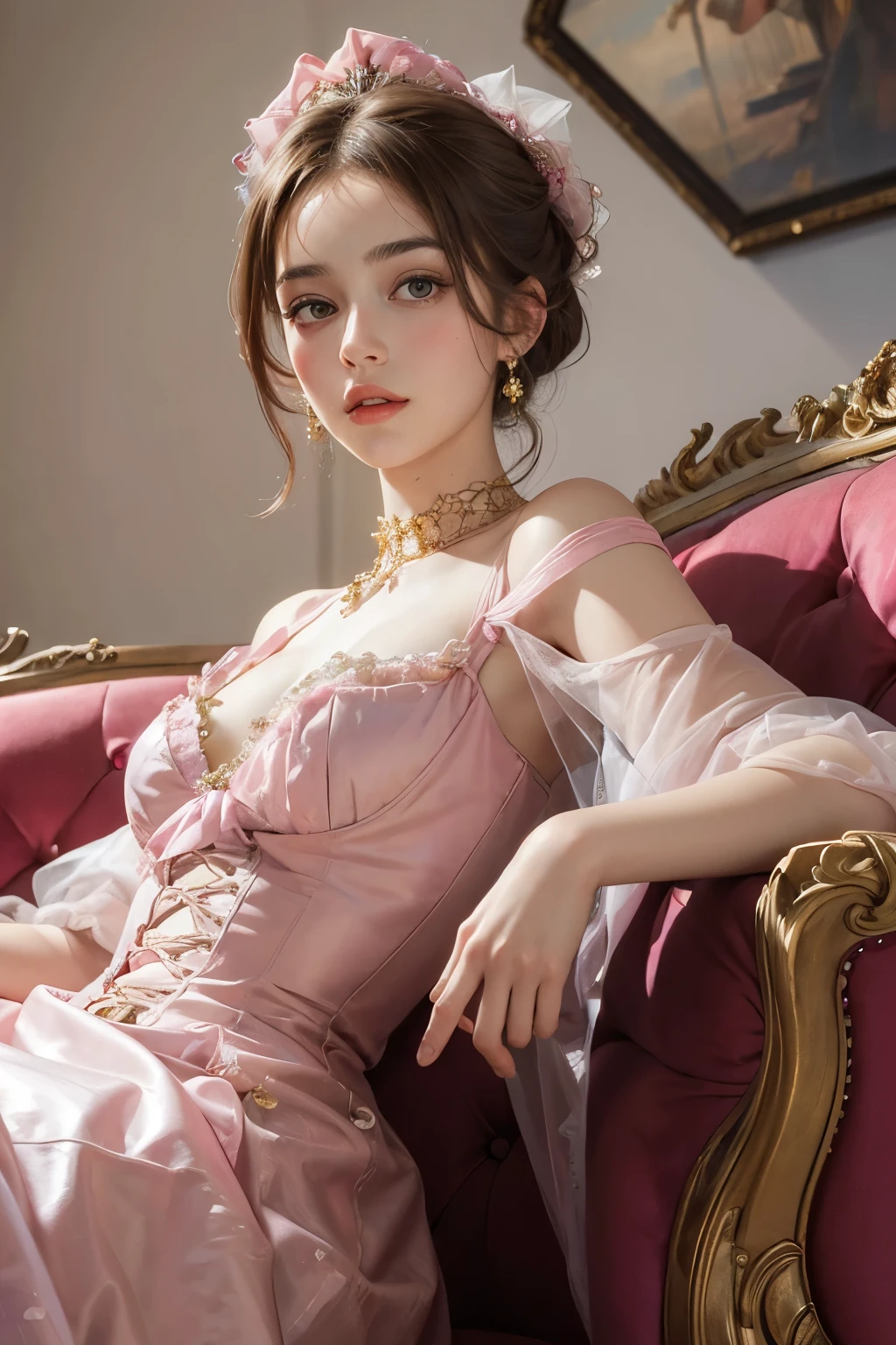 hyper HD，Delicate facial features，8K，ultra intricately detailed，Clothing details， Girl in bridal costume，Lolita costume，Lori huge breasts cleavage，Lolita ，Lace wedding dress，Korean national costume，korean clothes，The body is facing me，Squatting on the Bed，Chest exposed，Bare chest，Two slender legs，Spread your legs，legs separated，